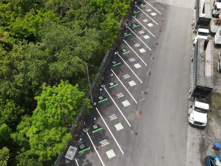 Aerial view of a Miami-Dade County fleet EV charging lot