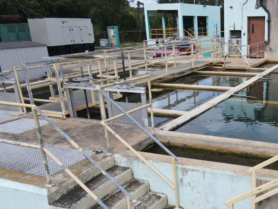 Water treatment basins and walkways at a PRASA plant in Puerto Rico